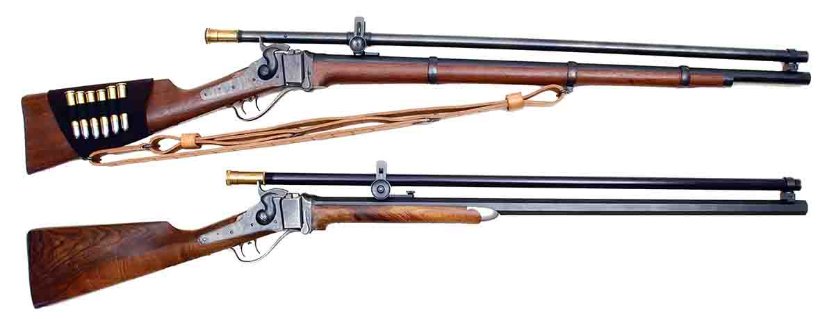 These Shiloh Model 1874 Sharps .45-70s are equipped with RHO 4x scopes. The Shiloh in Military Rifle configuration (top) has sling swivels.